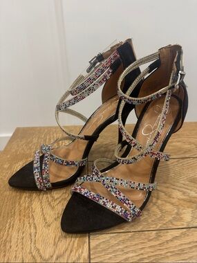 Jessica Simpson Black Heeled Stillettos with Multicolor Crystal Straps